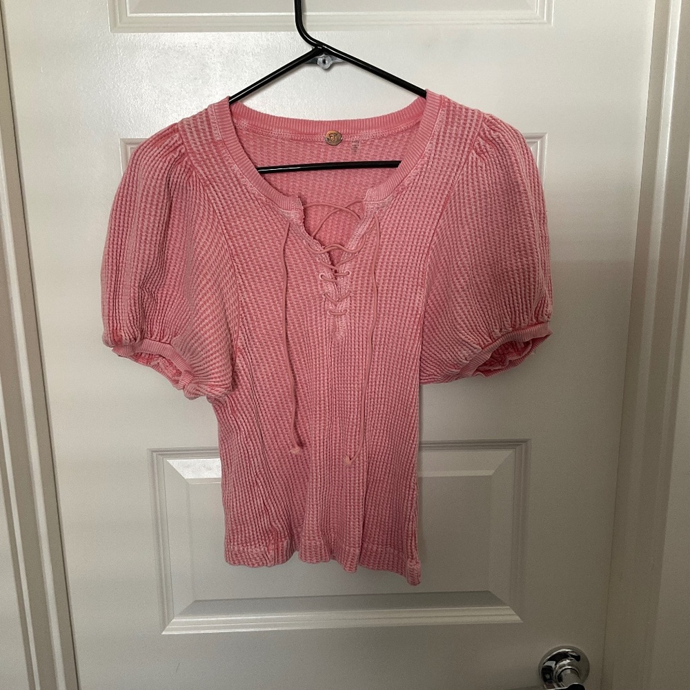 Free‎ People FP One Hayden Pink Puff Sleeve Lace Up Thermal Top - Size XS - Picture 2 of 10